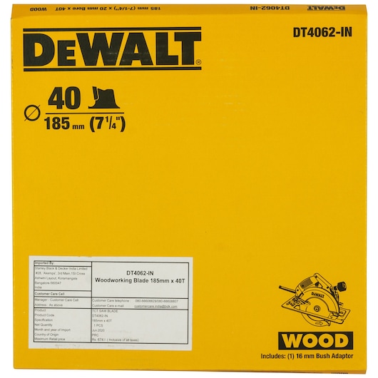 Front view of a DEWALT DT4062-IN woodworking blade packaging. The yellow box displays the DEWALT logo, the product's dimensions (185 mm / 7-1/4 inches), blade count (40T), and includes a graphic of a circular saw. Text indicates it's suitable for wood and comes with a 16 mm bush adaptor. The lower left has a label with import and product information.