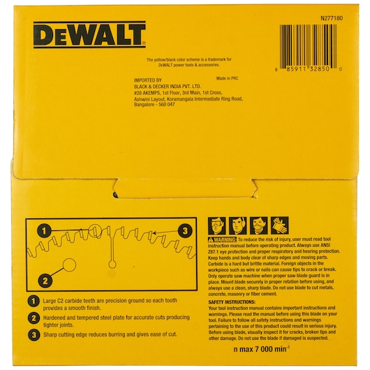 Backside of a yellow DEWALT product box, featuring product specifications, safety instructions, and warnings for a saw blade. The image includes technical details about carbide teeth, steel plate, and cutting edge sharpness, along with diagrams and safety icons for eye, ear, and respiratory protection.
