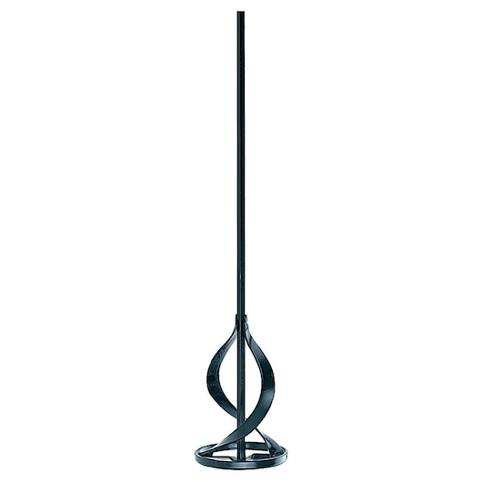 Black metal mixing paddle with spiral design and long handle, used for blending materials in construction.