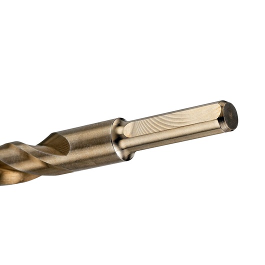 Close-up view of a metallic drill bit with a straight shank, featuring spiral flutes. The drill bit is photographed against a white background.