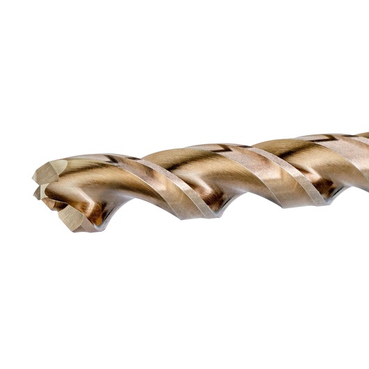 Close-up image of a metallic drill bit with spiral grooves, shown against a white background.