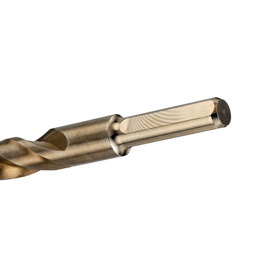Close-up view of a DEWALT metal drill bit with a hex shank.
