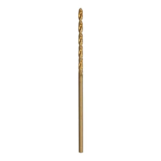 Single gold-colored metal drill bit standing vertically on a white background.