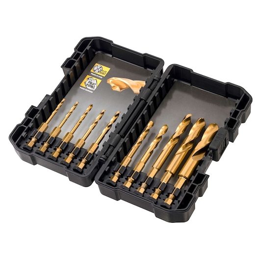 DEWALT DT50050 titanium drill bit set in black case, product photography, SKU DT50050, angled white background.