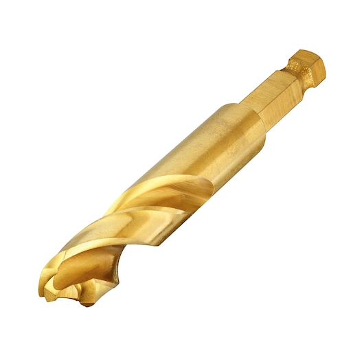 Gold DEWALT drill bit with hex shank, used for precise drilling in various materials, isolated on white.
