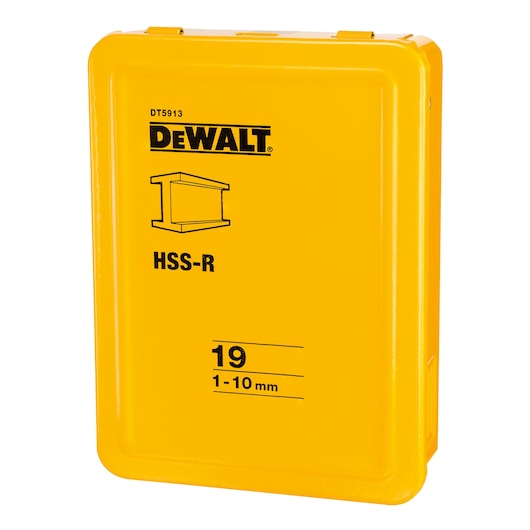Yellow DEWALT branded box with black text and logo, labeled DT5913, HSS-R. The box specifies 19 pieces ranging from 1 to 10 mm.