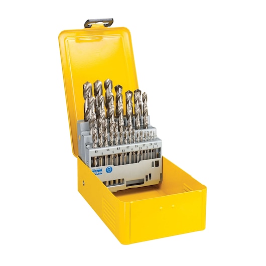 A set of metal drill bits arranged by size in a yellow DEWALT storage box with the lid open.