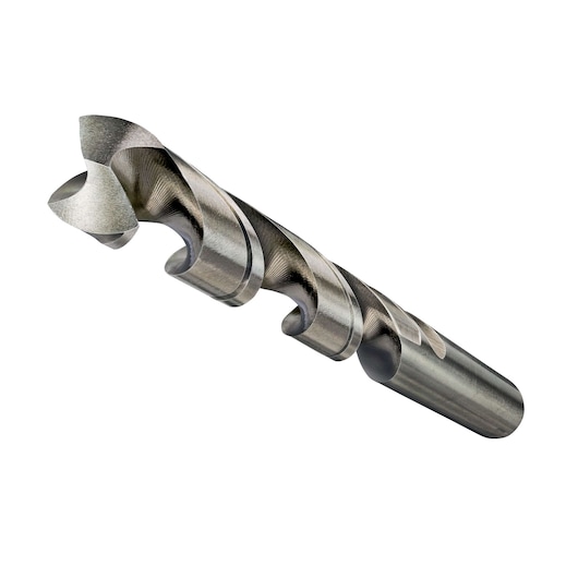 Close-up image of a metallic twist drill bit with a spiral groove, used for drilling holes in various materials.