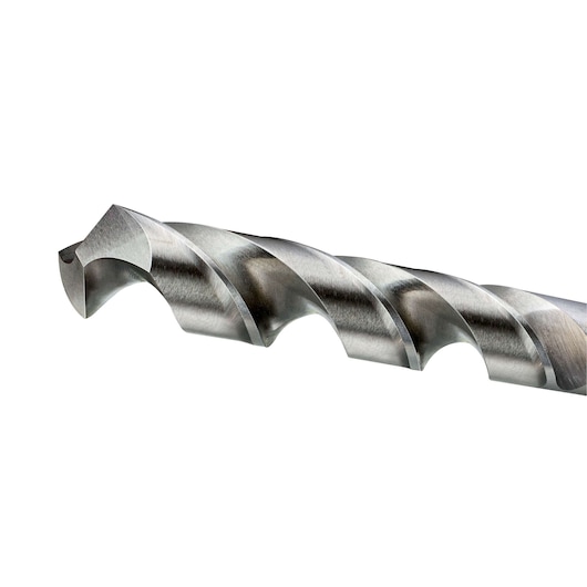 Close-up of a DEWALT metal drill bit, showing its spiral design and sharp cutting edges.