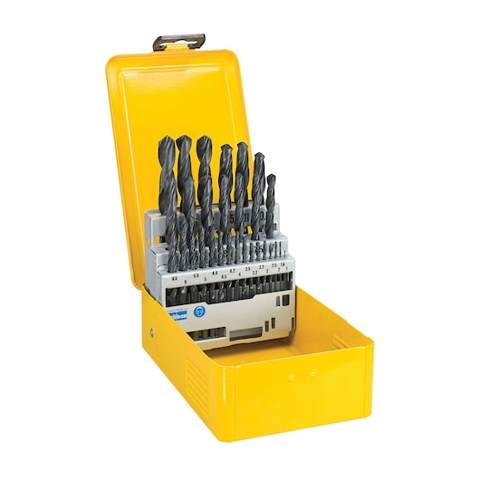 Yellow metal box containing assorted drill bits arranged by size for easy selection.