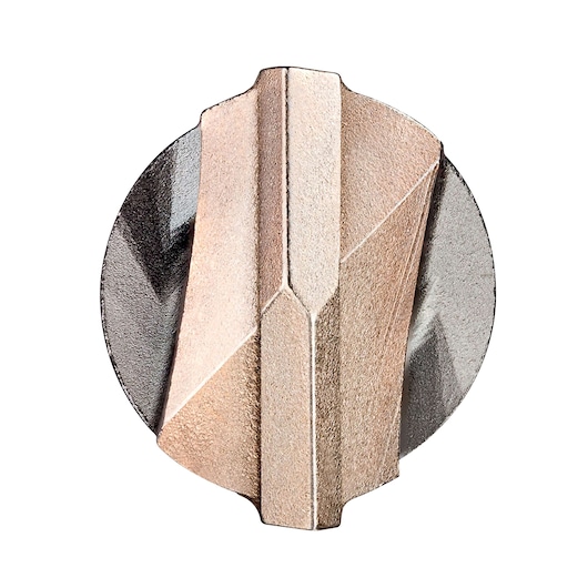 Close-up of a DEWALT drill bit tip with metallic finish, geometric shape, and sharp edges against a white background.