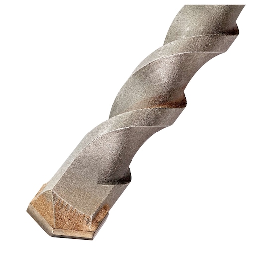Close-up view of a DEWALT masonry drill bit with a spiral design and a chisel tip, shown against a white background.