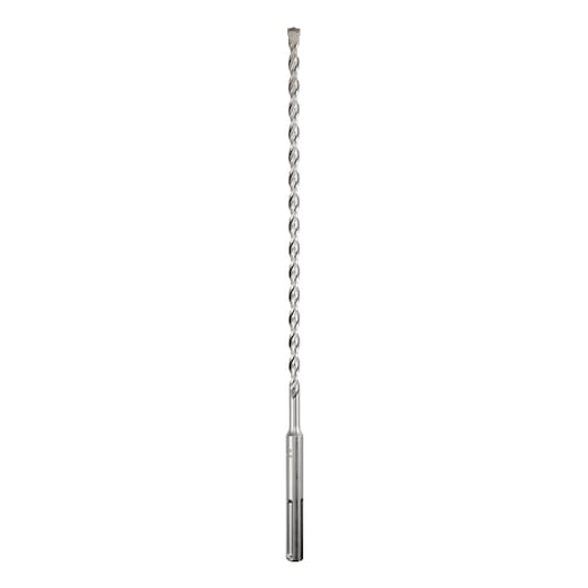 A long, silver-colored masonry drill bit with a spiraled shaft and a flat cutting tip, shown vertically on a white background.