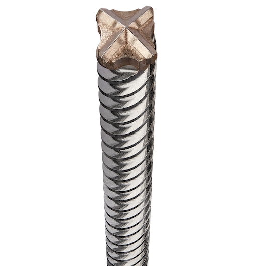 Close-up of a DEWALT DT60809 masonry drill bit with a spiral flute and a carbide tip, designed for drilling into concrete and stone.