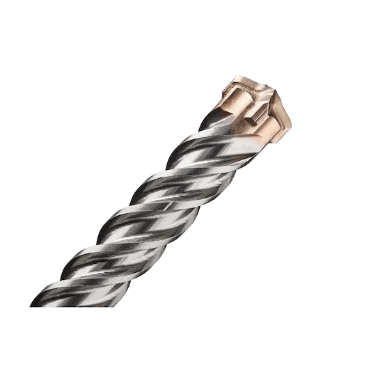 Close-up of a DEWALT twisted metal drill bit with a carbide tip, suitable for masonry and concrete drilling.
