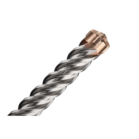 Close-up of a DEWALT twisted metal drill bit with a carbide tip designed for masonry applications, shown against a white background.