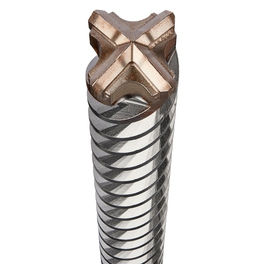 Close-up of a DEWALT DT60817 masonry drill bit with a cross-shaped carbide tip and spiral fluting.