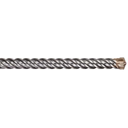 Close-up of a DEWALT spiral masonry drill bit against a white background.