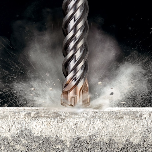 DEWALT DT60820, DT60820-QZ drill bit impacts concrete with dust spray, Photography product shot.