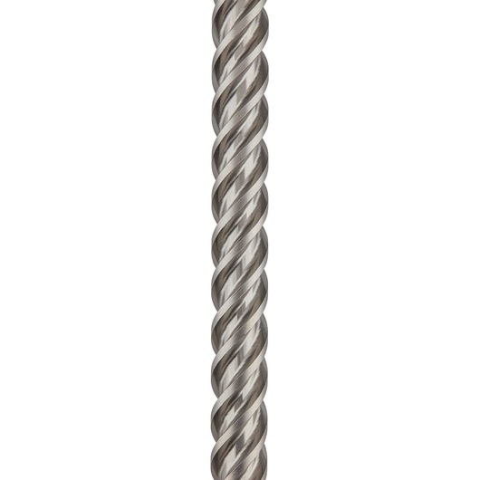 Close-up view of a metal drill bit with a spiral fluted design, shown vertically on a plain white background.