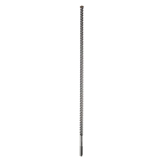 A single, long, spiral-shaped metal drill bit photographed against a white background.