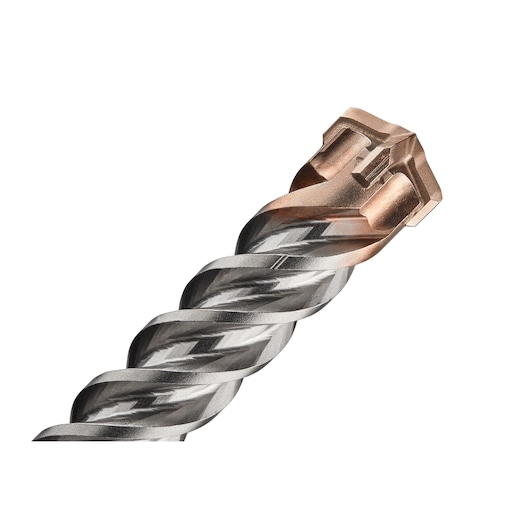 Close-up of a spiral metal masonry drill bit with a bronze-colored tip, designed for use in power tools.