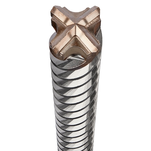 Close-up view of a DEWALT DT60830 drill bit with a metal, cross-shaped tip and spiral grooves, designed for heavy-duty concrete and masonry drilling.