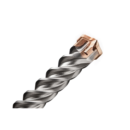 Close-up view of the tip of a DEWALT metal drill bit with a spiral design and a copper-colored cutting edge.