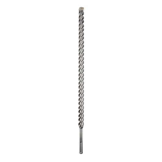 A long, metallic, spiral SDS drill bit standing vertically against a white background.