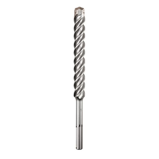 A close-up image of a metal masonry drill bit with a spiral flute design, used for drilling into concrete or stone.