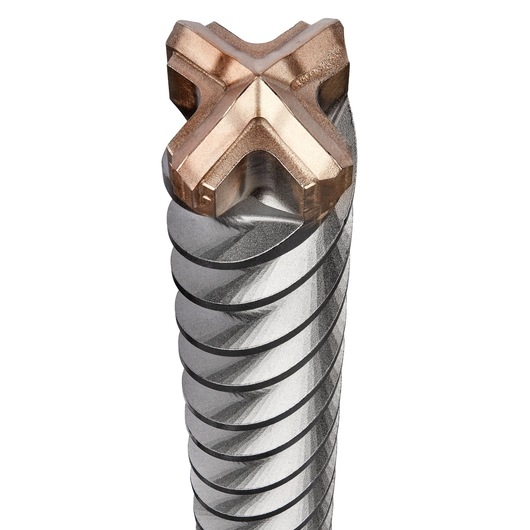 Close-up view of the tip of a DEWALT masonry drill bit, showing its spiral fluting and cross-shaped carbide head.