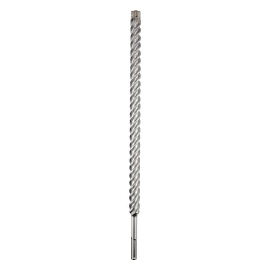 A long, silver, spiral masonry drill bit used for drilling into concrete or stone, shown on a white background.