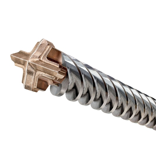 Close-up image of a DEWALT DT60839 drill bit for masonry, showing the spiral flute design and the four-cutter tip.