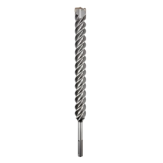 A long, silver Dewalt SDS-plus rotary hammer drill bit with a spiral flute design, displayed vertically on a white background.