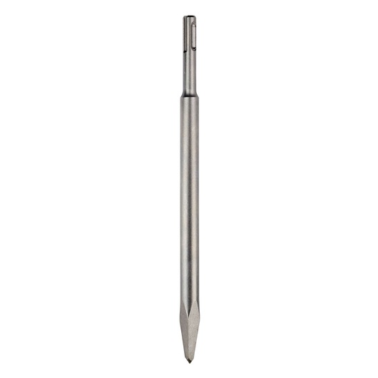 A DEWALT SDS Plus pointed chisel, model DT6801, used as an accessory for hammer drills to break or chip hard materials like concrete. The tool is metallic with a pointed tip and a shank designed for SDS Plus chucks.