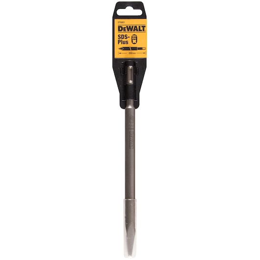 A DEWALT SDS-Plus chisel, model DT6801, in its packaging. The tool is metallic with a tapered chisel end and is attached to a black and yellow backing card showing brand and product details.