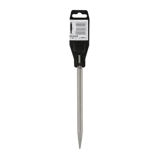 A pointed metal chisel with a cylindrical shaft, packaged with a black plastic holder and a barcode label at the top. The tool is designed for use with power tools, most likely for demolition or masonry work.