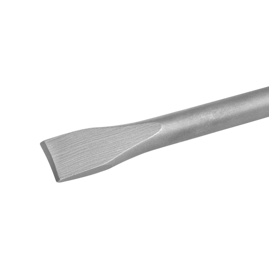 Close-up image of a flat chisel tool with a silver metallic finish, showing the beveled cutting edge.