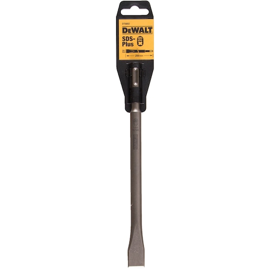 A DEWALT SDS-Plus chisel bit, model DT6802, shown in its packaging. The chisel is long and metallic with a flat tip, and the packaging displays specifications including 20mm width and 250mm length.