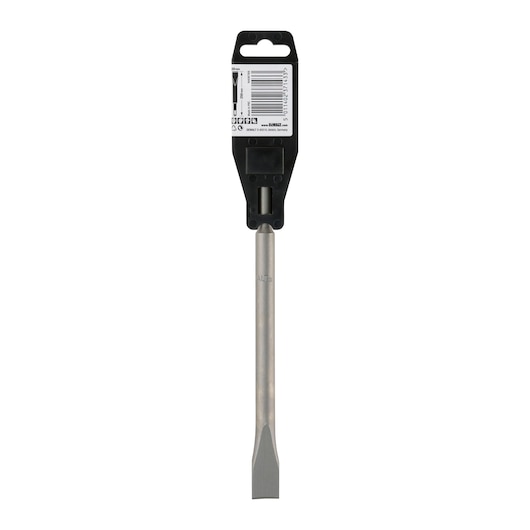 A DEWALT chisel bit with a flat tip, packaged with a black plastic holder and barcode label at the top.