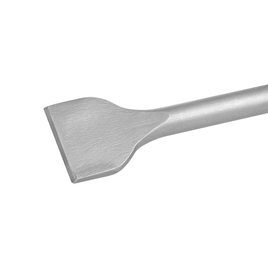 Close-up image of a flat chisel tool with a wide blade, typically used for scraping or removing materials such as tile, concrete, or masonry.