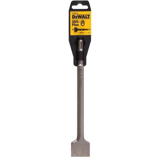 A DEWALT SDS-Plus chisel with a flat blade, 250mm long, attached to a branded yellow and black packaging.
