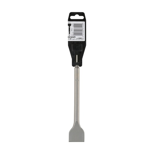 A DEWALT flat chisel with a wide blade, attached to its retail packaging. The chisel is designed for use with power tools.