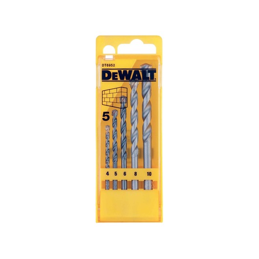 DEWALT masonry drill bit set, 5 pcs, SKUs DT6952-QZ, DT6952, in yellow box for photography category.