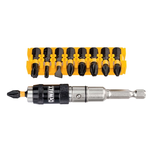 DEWALT screwdriver bit set with metal bit holder and nine assorted screwdriver bits in a yellow plastic case.