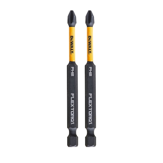 Two DEWALT PH2 FlexTorq screwdriver bits with yellow shafts and black tips, shown side by side.