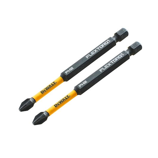 Two DEWALT PH2 FLEXTORQ screwdriver bits with yellow and black color, placed side by side on white background.