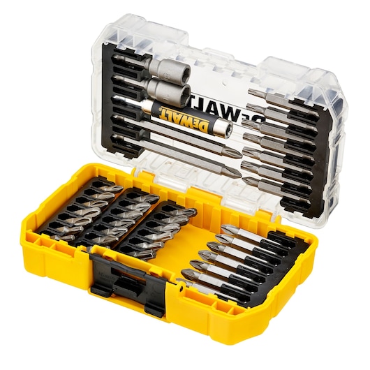 A yellow DEWALT branded plastic case containing a set of assorted screwdriver bits, drill bits, and nut drivers, all neatly organized in separate compartments inside the open case.