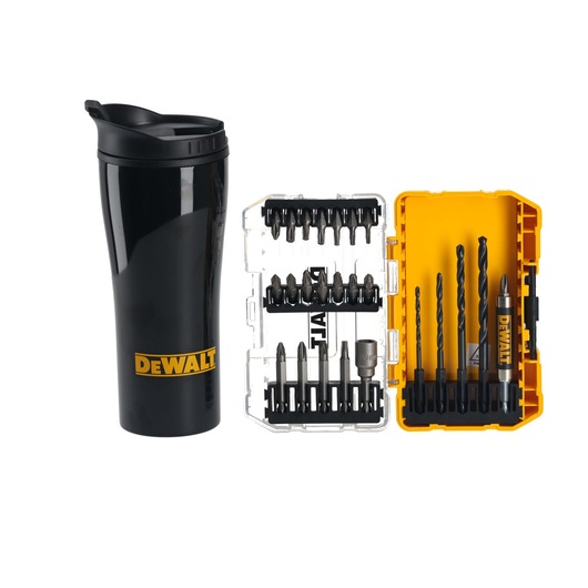 A black Dewalt travel mug is placed next to an open Dewalt drill and screwdriver bit set, which includes various drill bits and screwdriver bits in a yellow and transparent plastic case.