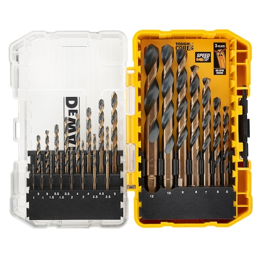 DEWALT drill bit set with SKUs DT70729, DT70729-QZ in yellow case, assorted sizes, top-down view.